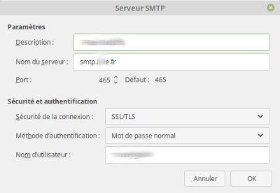 Paramètres SMTP - courrier sortant (envoi)