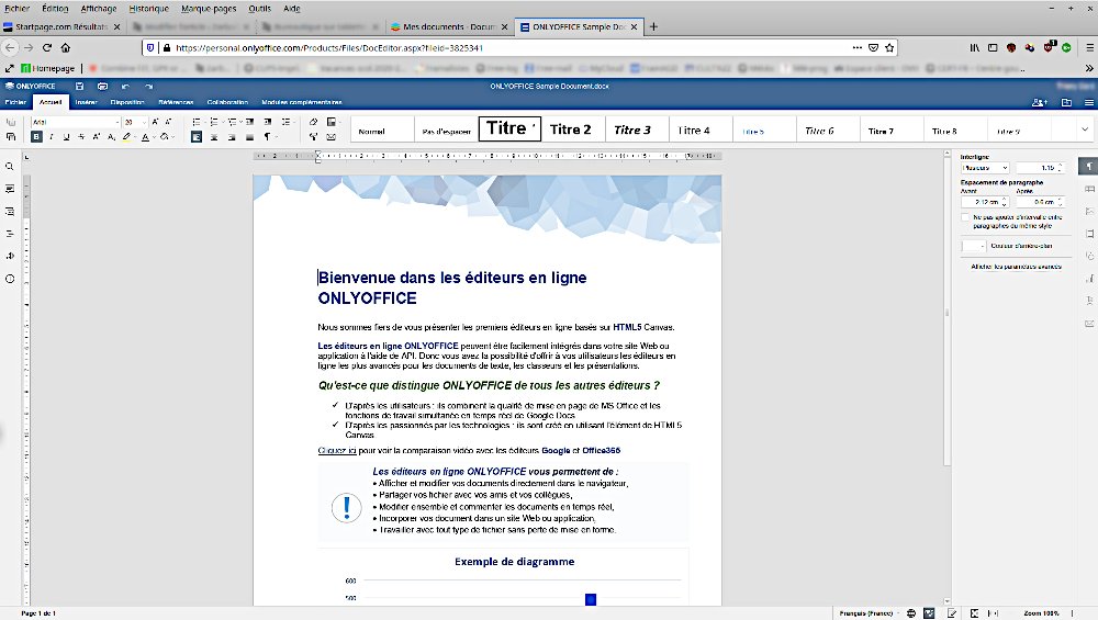 OnlyOffice bureautique sur tablette, page de l'éditeur.