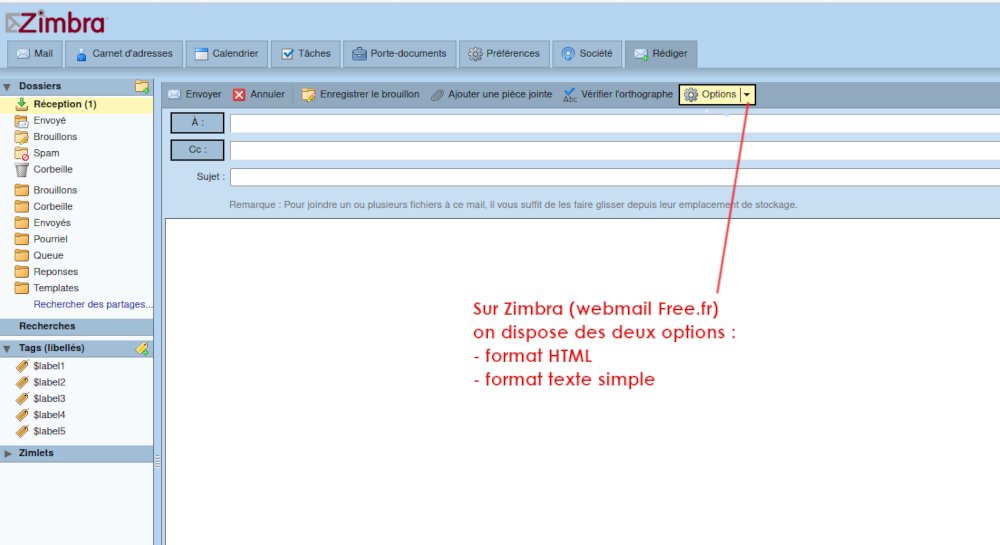 Choisir le format "texte simple" pour rédiger un courriel sur Free.fr / Zimbra